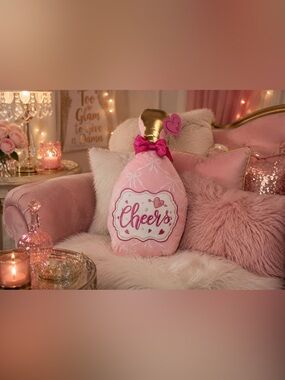 NWT Cheers Pink + Gold Champagne Bottle Luxury Decorative Pillow